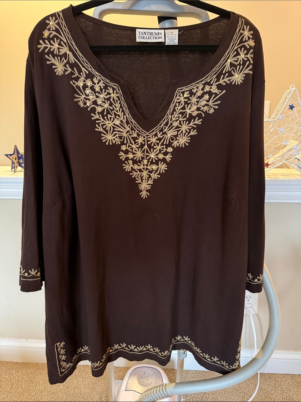 Tantrums Brown Tunic with Cream Floral Embroidery